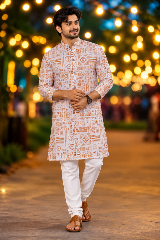 Men’s White & Orange Tribal Print Kurta