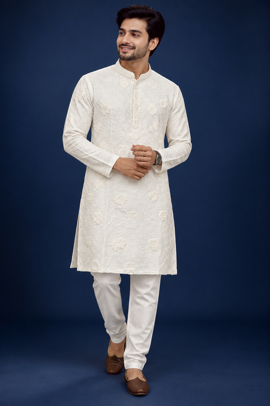 Ivory Embroidered Ethnic Kurta Set