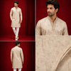 Beige Chanderi Silk Embroidered Kurta Set with Churidar for Men