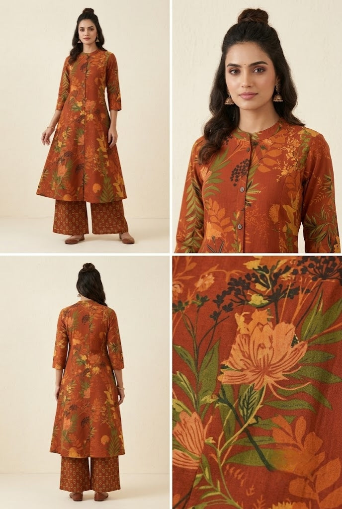 Rust Orange Floral Printed Front-Button Co-Ord Set