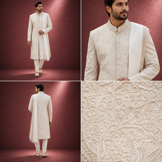 Royal Ivory Embroidered Groom Sherwani Set