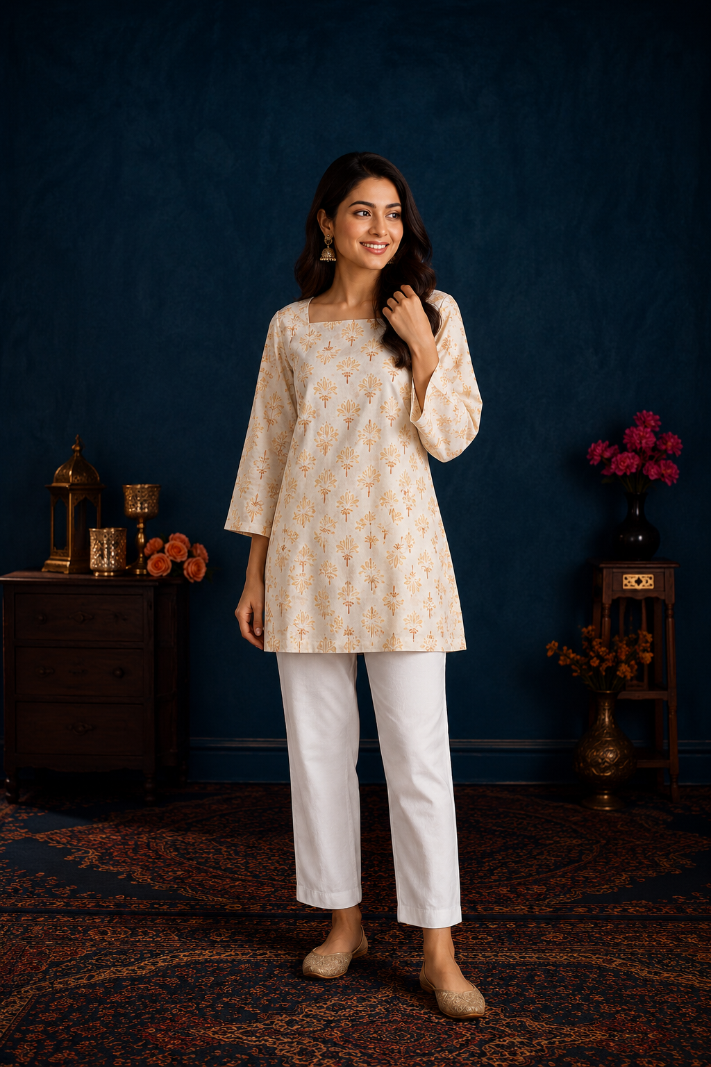 Elegant Cream Beige Floral Print Short Kurti