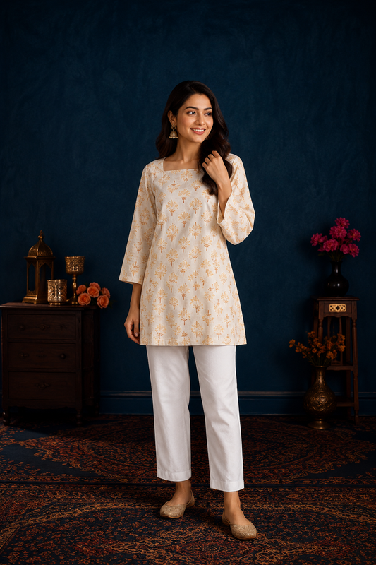 Elegant Cream Beige Floral Print Short Kurti
