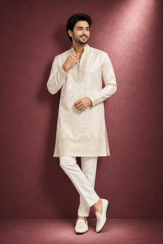 Ivory Gold Embroidered Festive Kurta Set