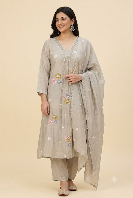 Grey Floral Embroidered Kurta Set with Dupatta