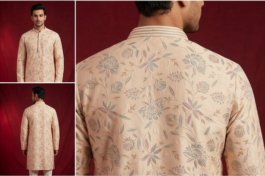 Men’s Peach Floral Embroidered Kurta
