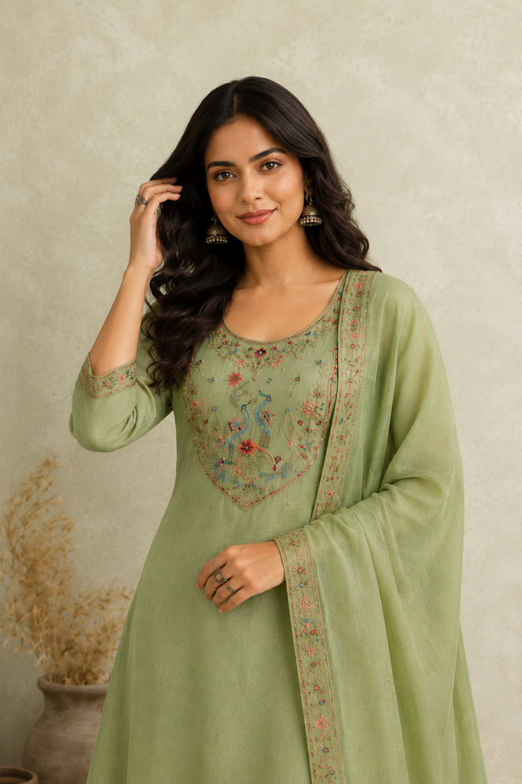 Elegant Sage Green Embroidered Kurta Pant Dupatta Set for Women