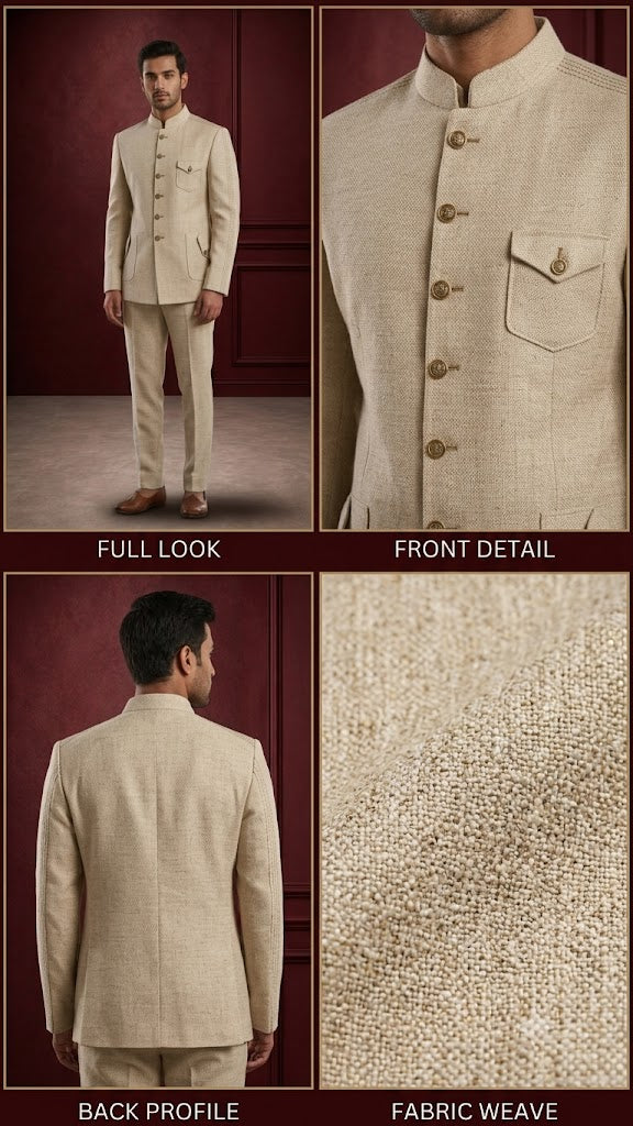 Men’s Beige Textured Jodhpuri Suit Set