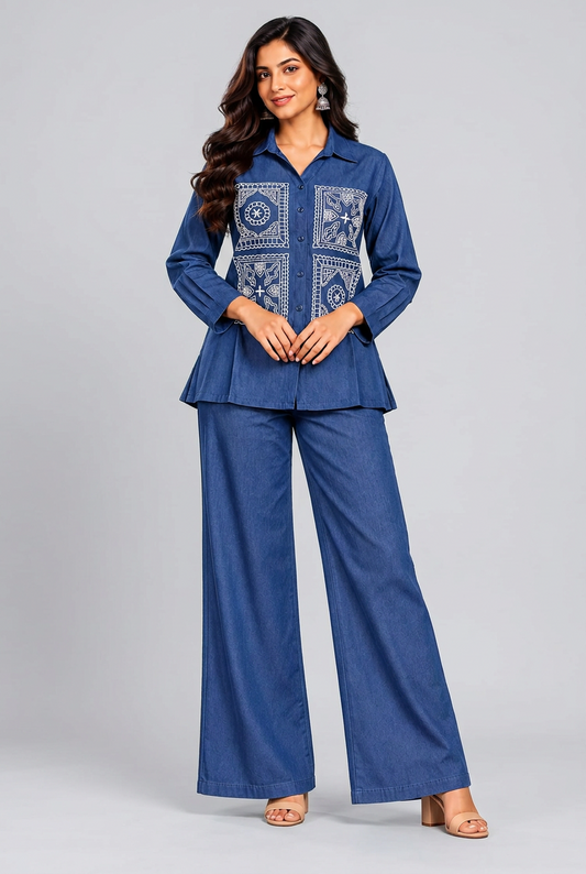 Women's Denim Blue White Embroidered Co-Ord Set