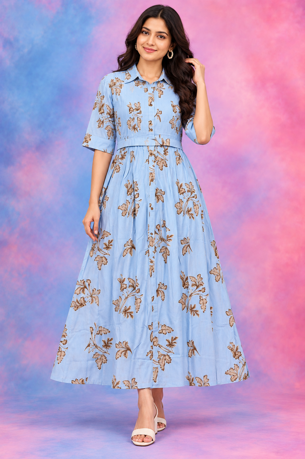 Sky Blue Floral Printed Shirt Dress