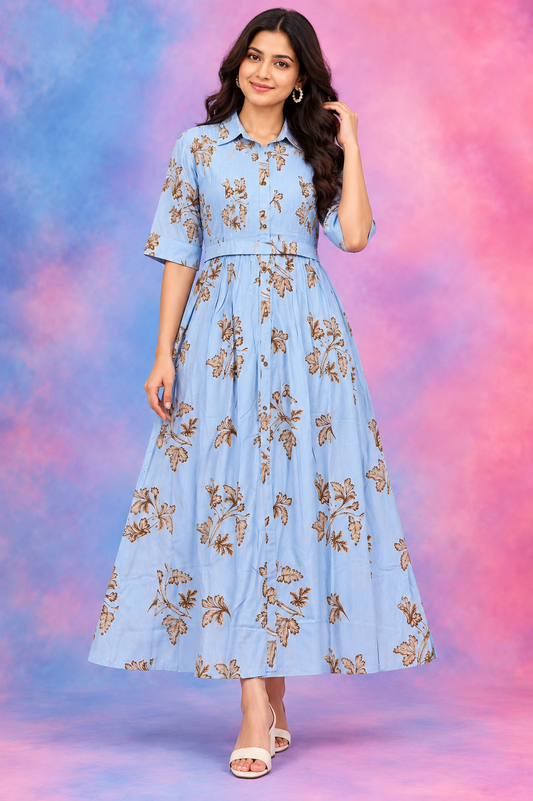 Sky Blue Floral Printed Shirt Dress