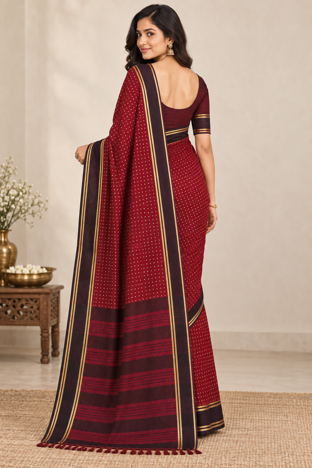 Maroon Dotted Handloom Saree with Contrast Border