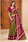 Olive Green & Magenta Zari Border Saree