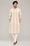 Beige Vertical Striped Embroidered Cotton Silk Kurta