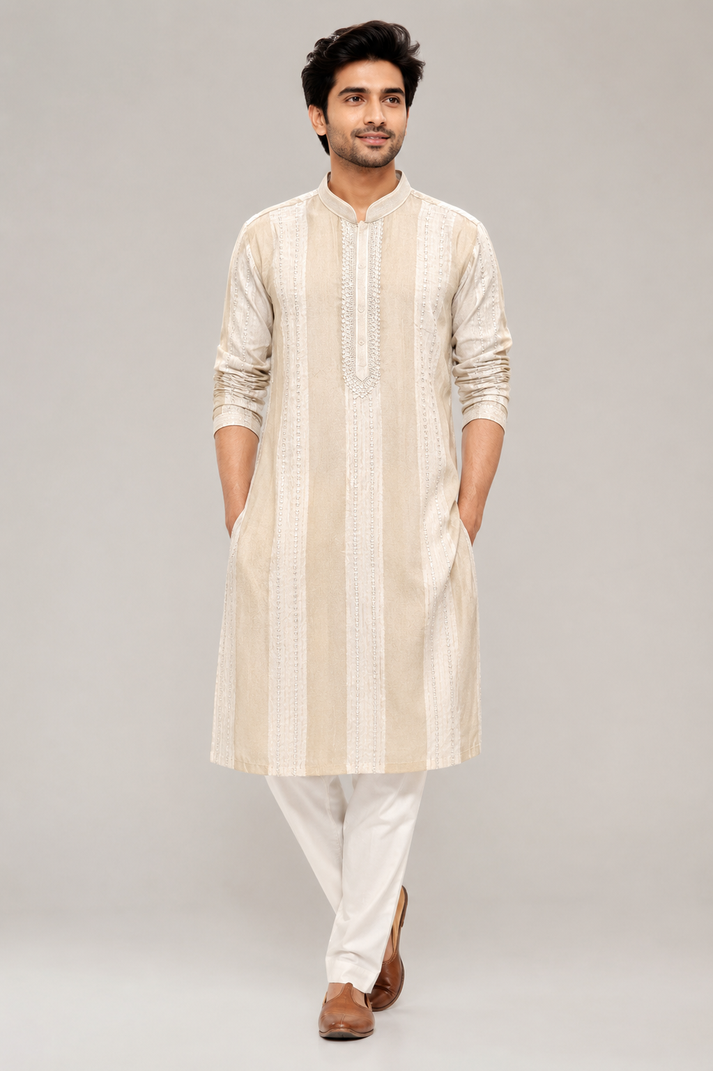 Beige Vertical Striped Embroidered Cotton Silk Kurta