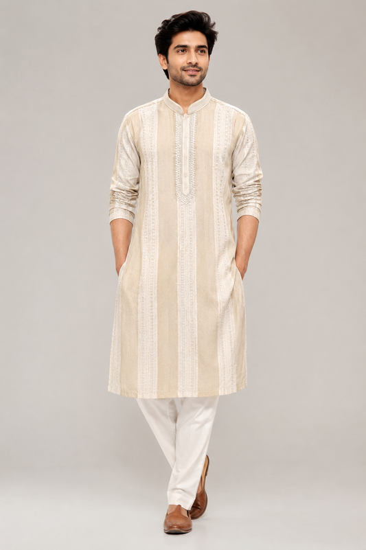 Beige Vertical Striped Embroidered Cotton Silk Kurta