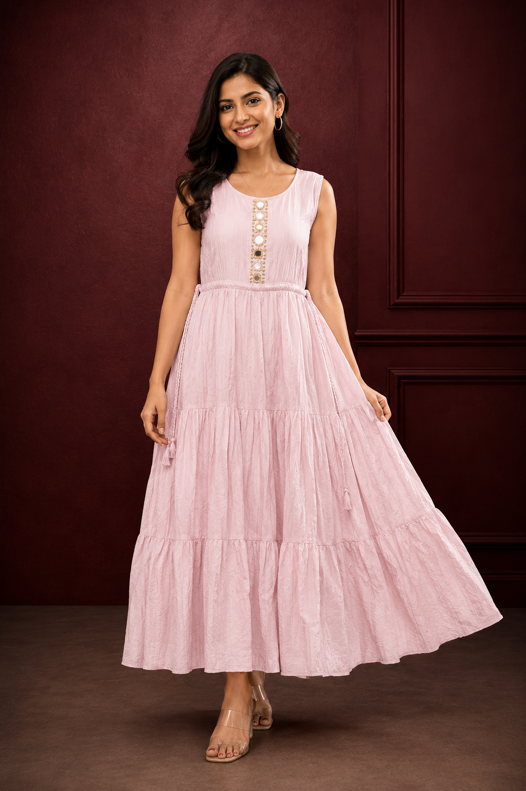 Blush Pink Mirror Work Tiered Maxi Dress