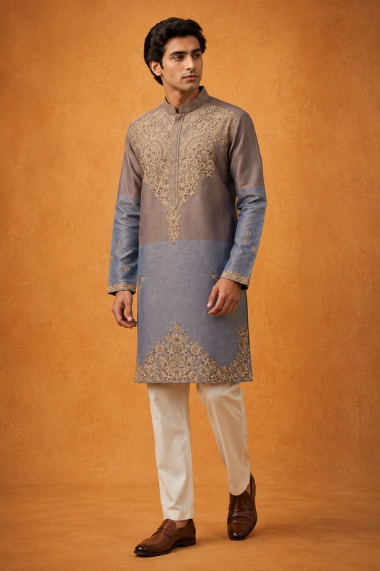 Dual-Tone Mauve & Steel Blue Embroidered Kurta for Men
