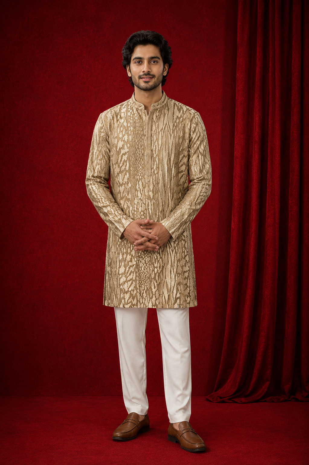 Gold & Metallic Textured Jacquard Kurta  for Men