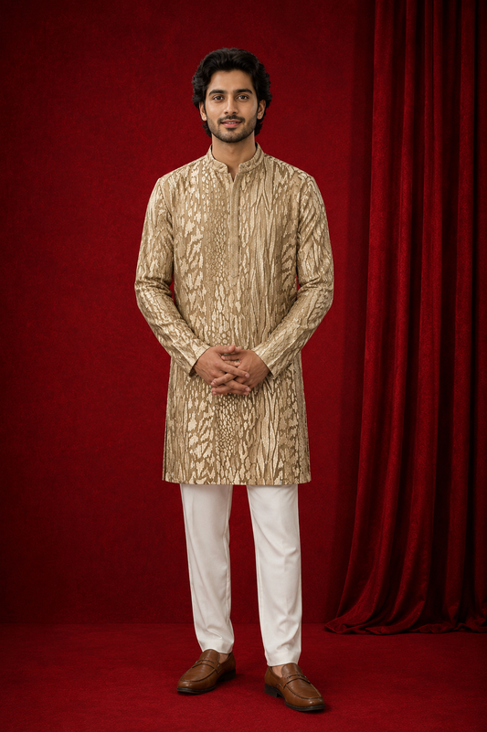 Gold & Metallic Textured Jacquard Kurta  for Men