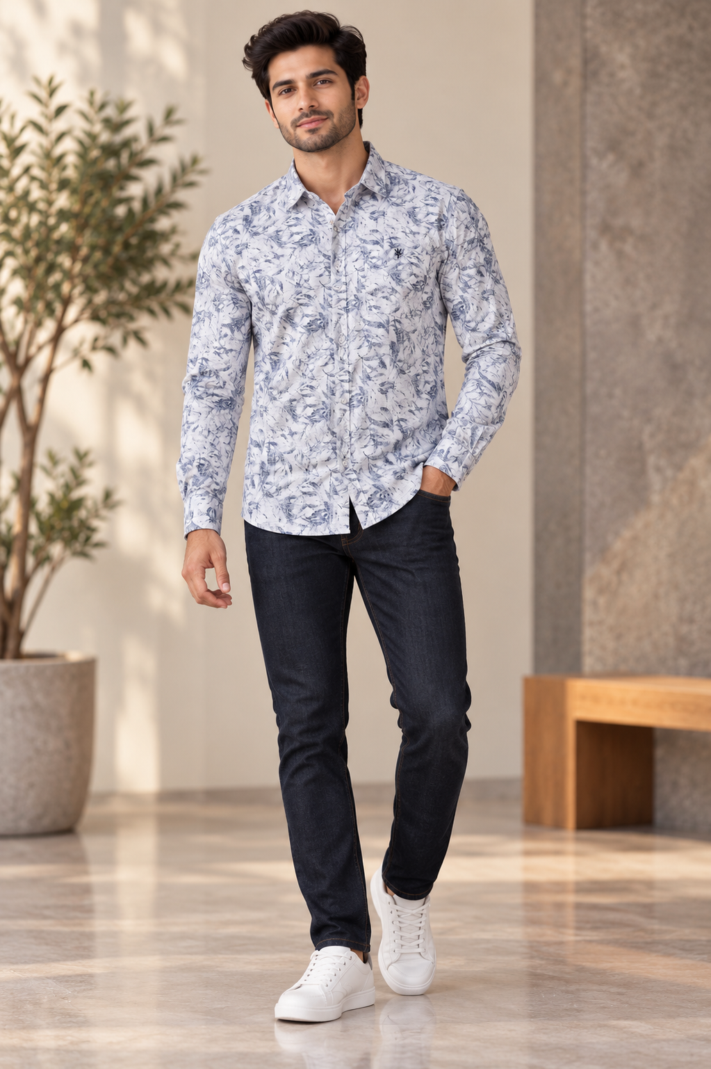 Blue Floral Print Casual Shirt for Men