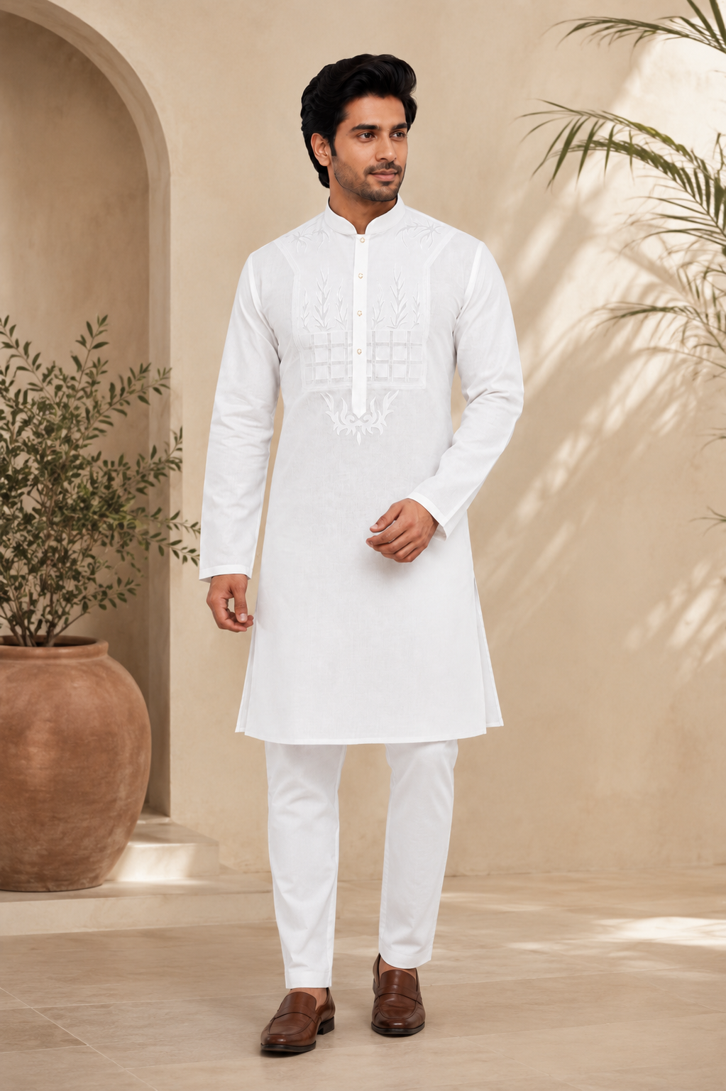 Premium White Embroidered Kurta Pajama for Men