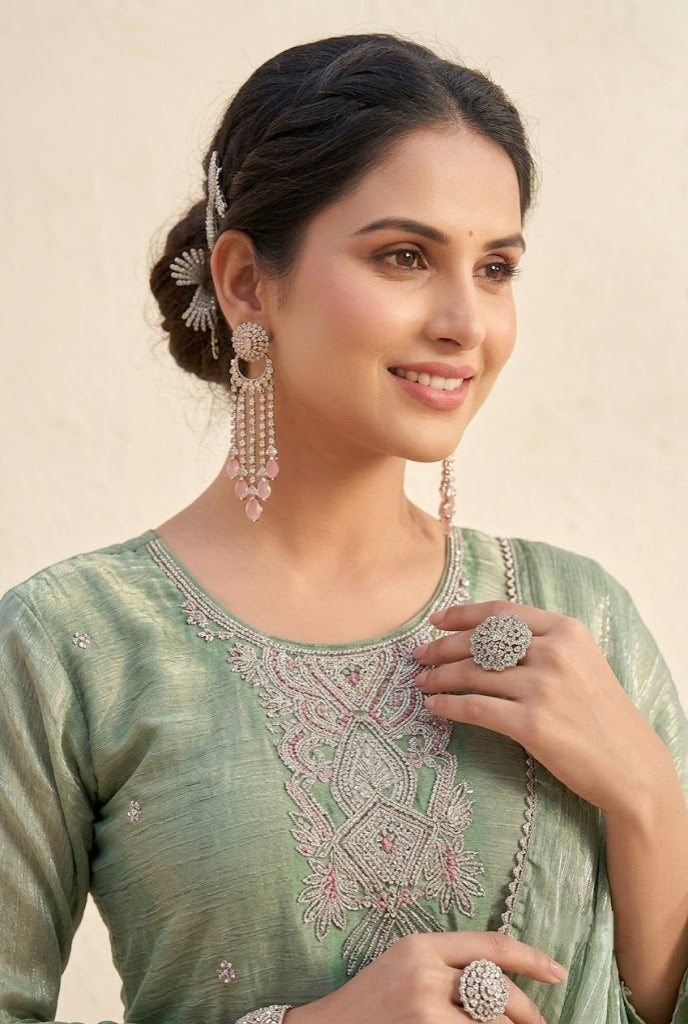 Sage Green Embroidered Kurta Pant Dupatta Set