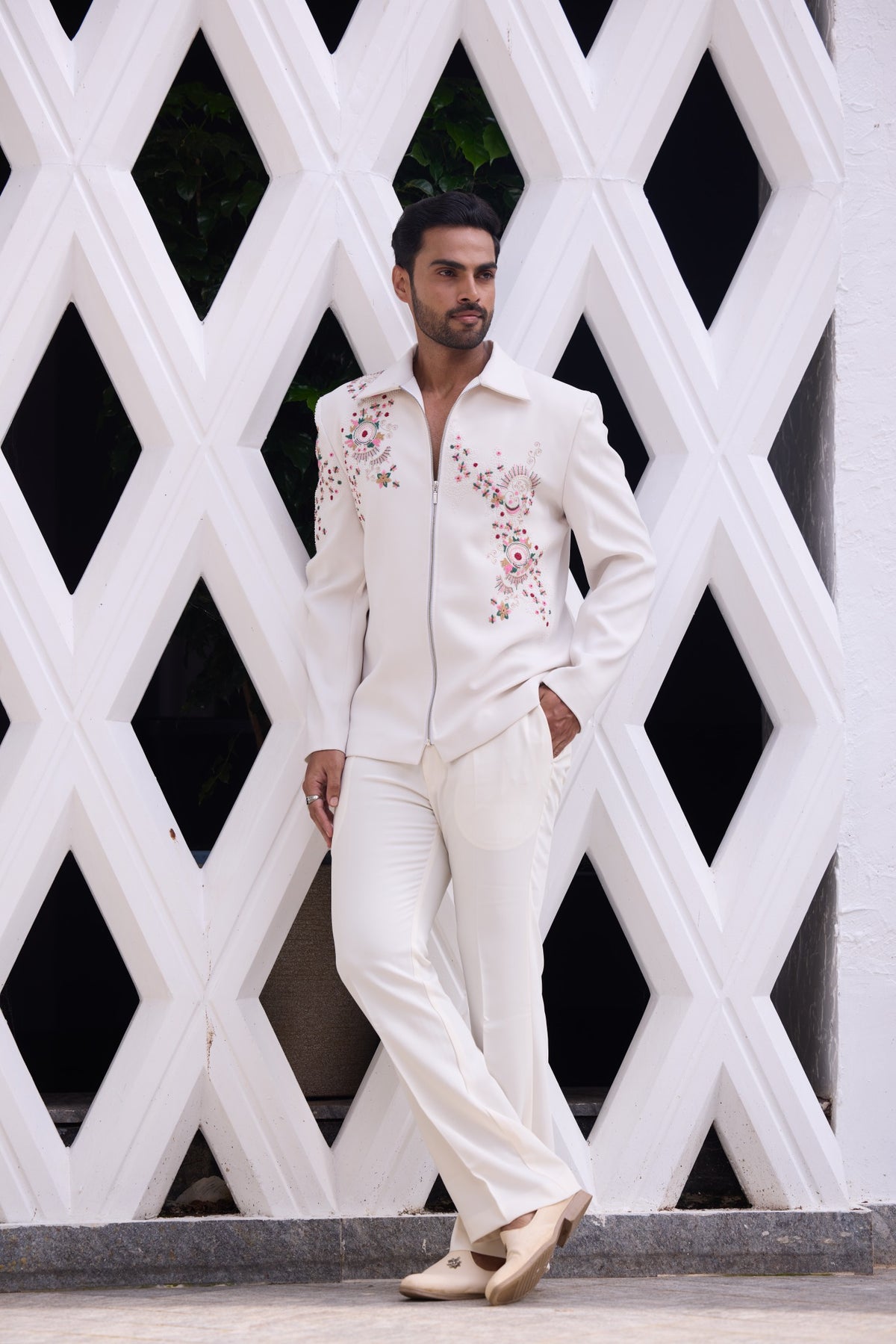 Men’s Premium Ivory Embroidered Jacket & Trouser Set