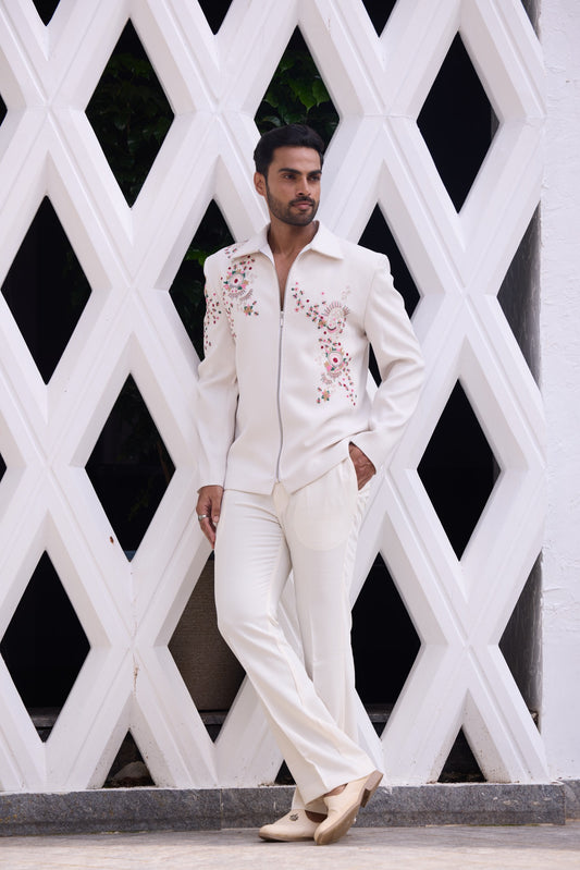 Men’s Premium Ivory Embroidered Jacket & Trouser Set
