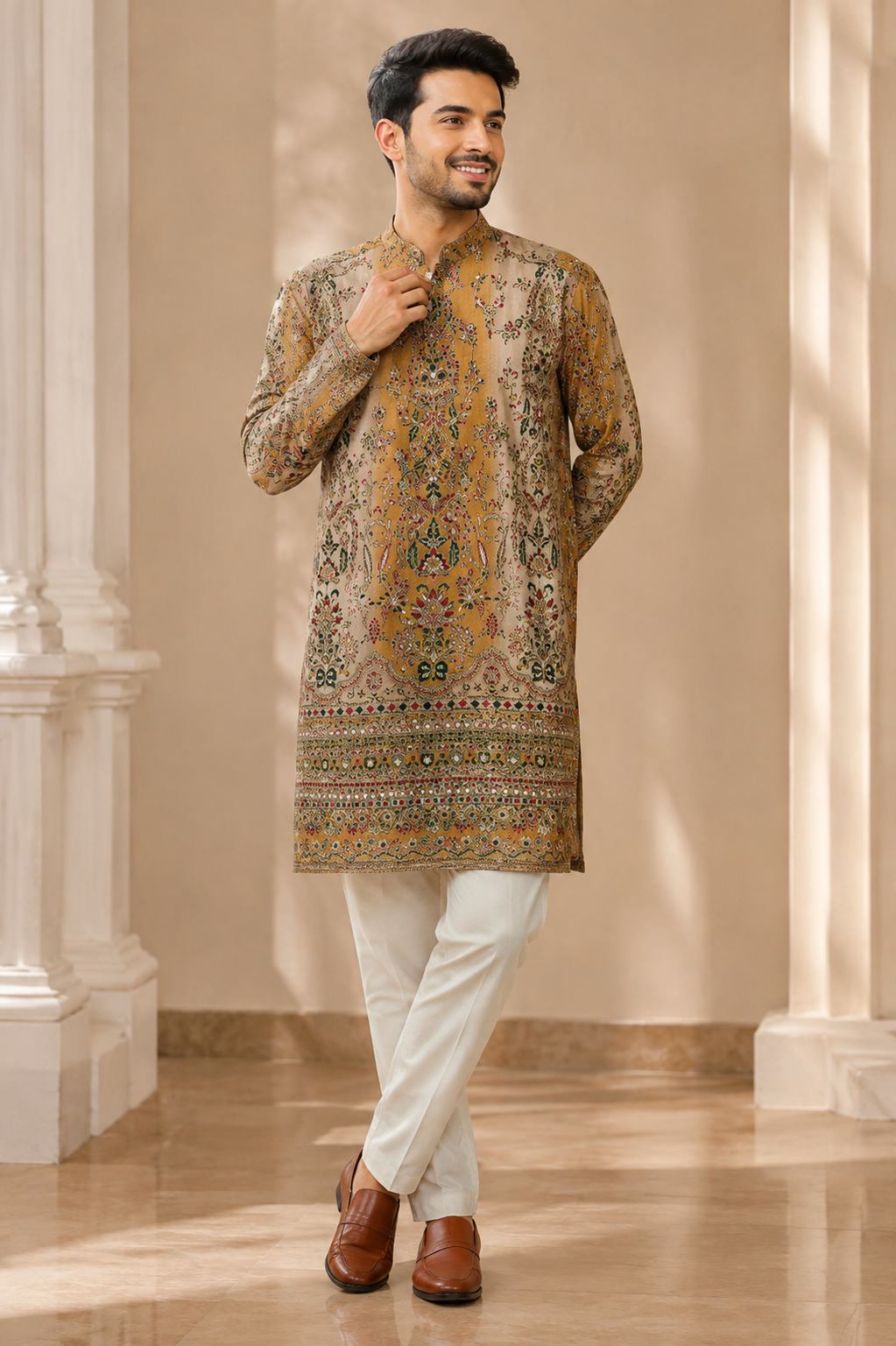 Royal Mustard Heritage Print Kurta