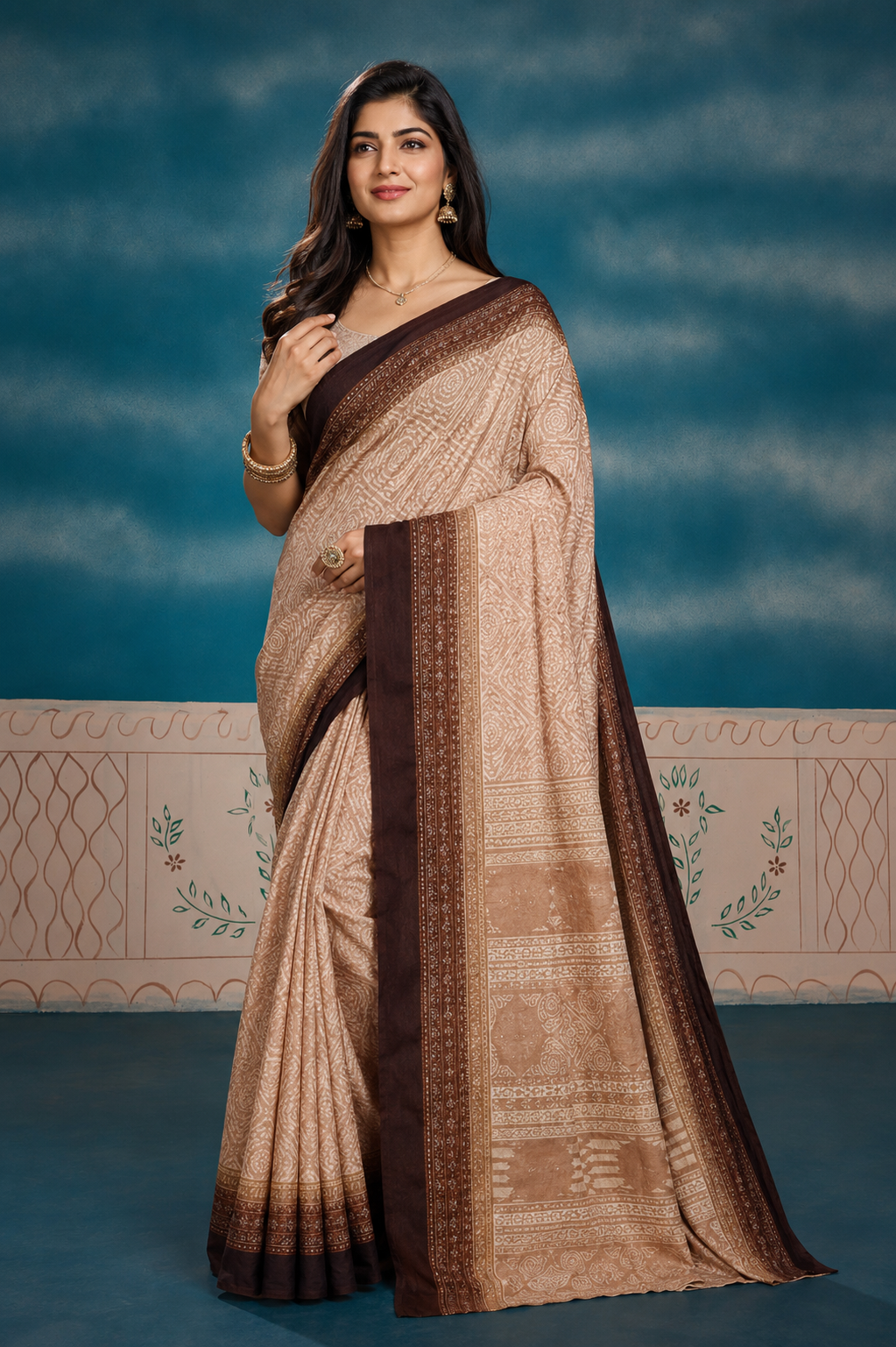Elegant Beige & Brown Printed Saree with Rich Designer Border |