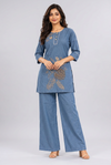 Women's Denim Blue Embroidered Kurta & Palazzo Co-Ord Set