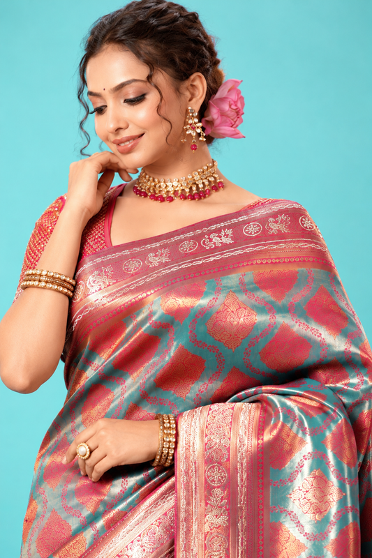 Royal Teal Blue & Rani Pink Designer Saree with Golden Woven Motifs & Rich Pallu