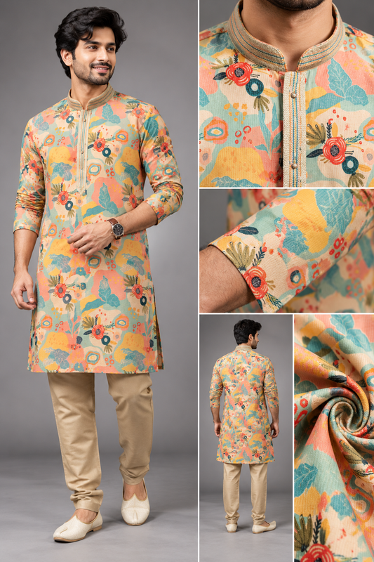 Men's Multicolor Floral Printed Kurta with Beige Pants