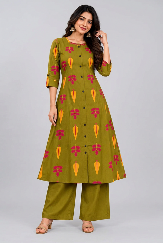 Olive Green Printed A-Line Kurta with Matching Palazzo Set