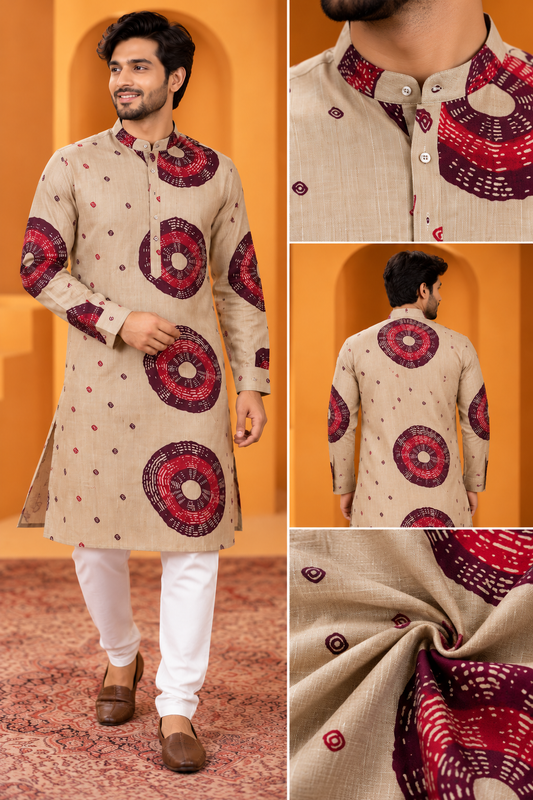 Men's Beige & Maroon Abstract Printed Kurta