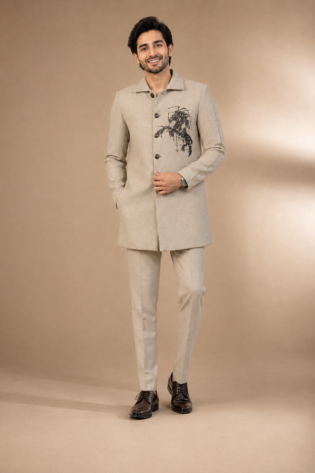 Men’s Beige Embroidered Indo-Western Suit