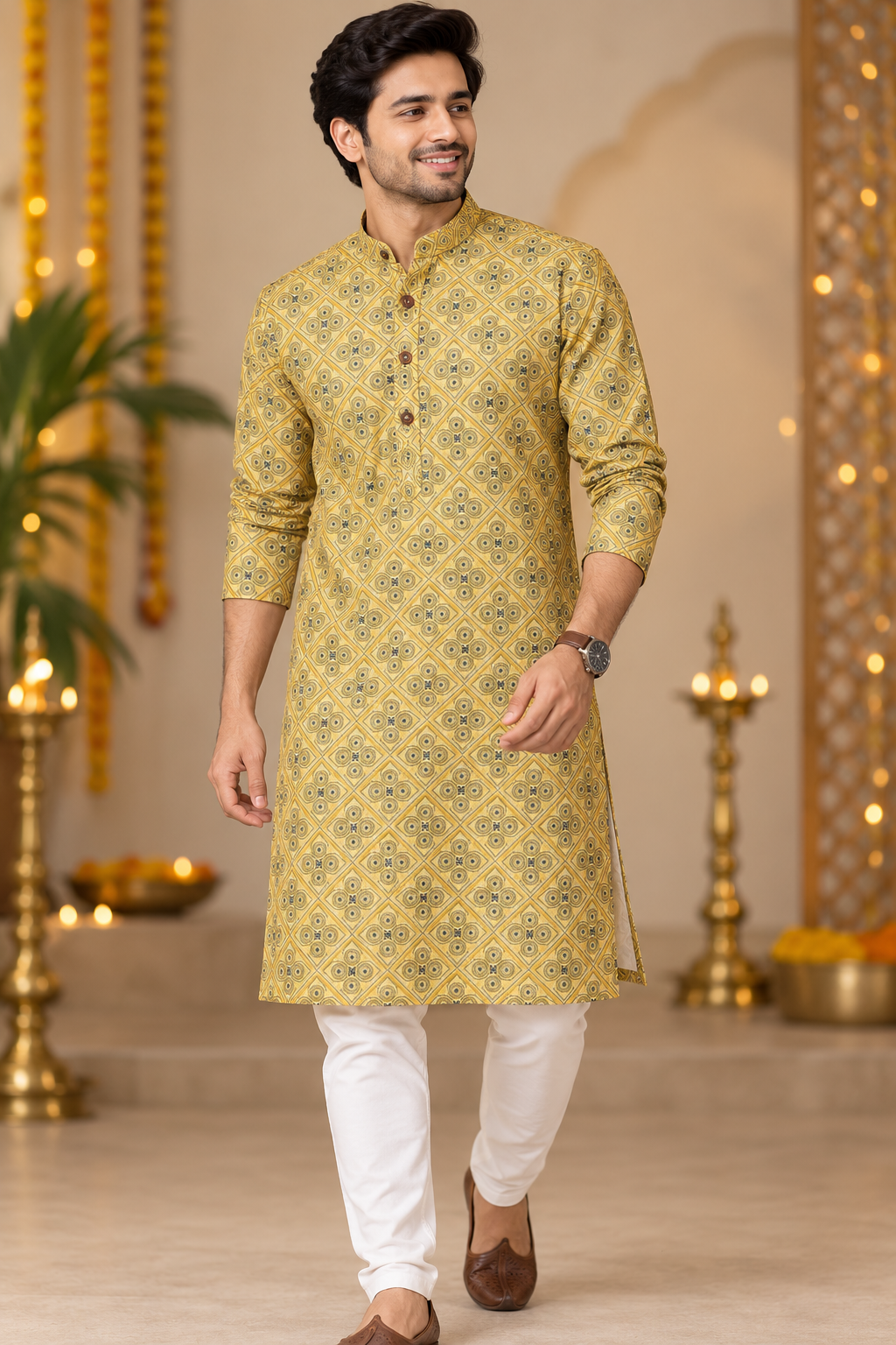 Mustard Yellow Geometric Print Festive Kurta