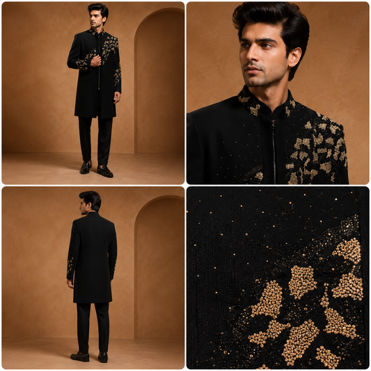 Black & Gold Embellished Indo-Western Sherwani Set