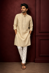 Beige Textured Silk Mirror Work Kurta Set for Men