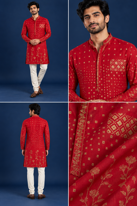 Red Gold Print Festive Kurta Set