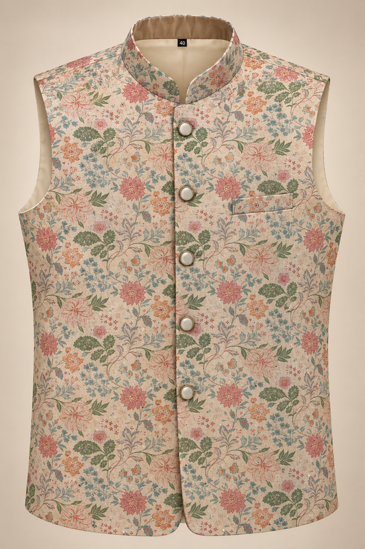 Beige Floral Printed Nehru Jacket for Men