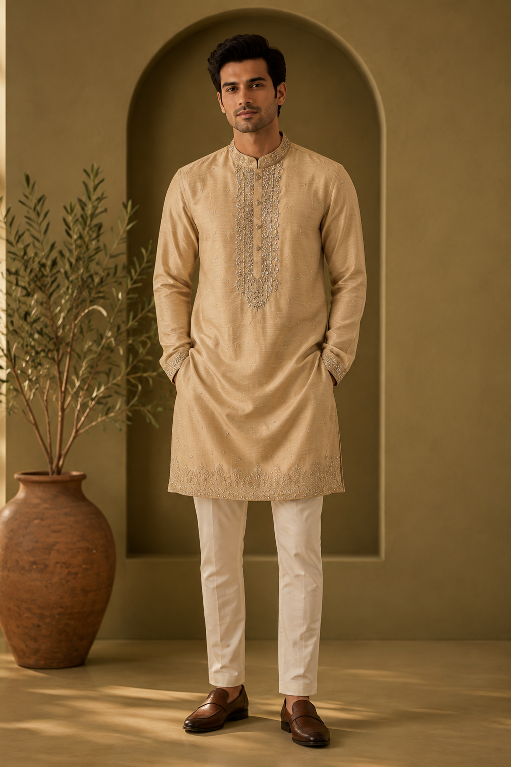 Champagne Gold Embroidered Festive Kurta Set for Men