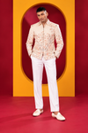 Men's Premium Ivory White FloralIndo-Western Jacket with White Trouser Set