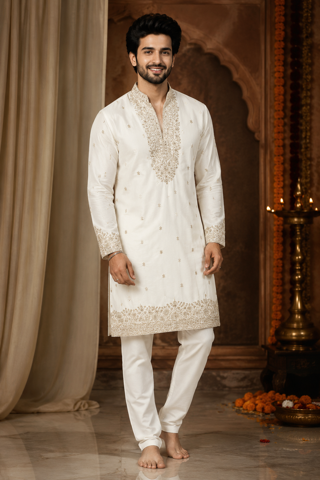Ivory Gold Embroidered Festive Kurta Set