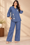 Women's Denim Blue Floral Embroidered Co-Ord Set