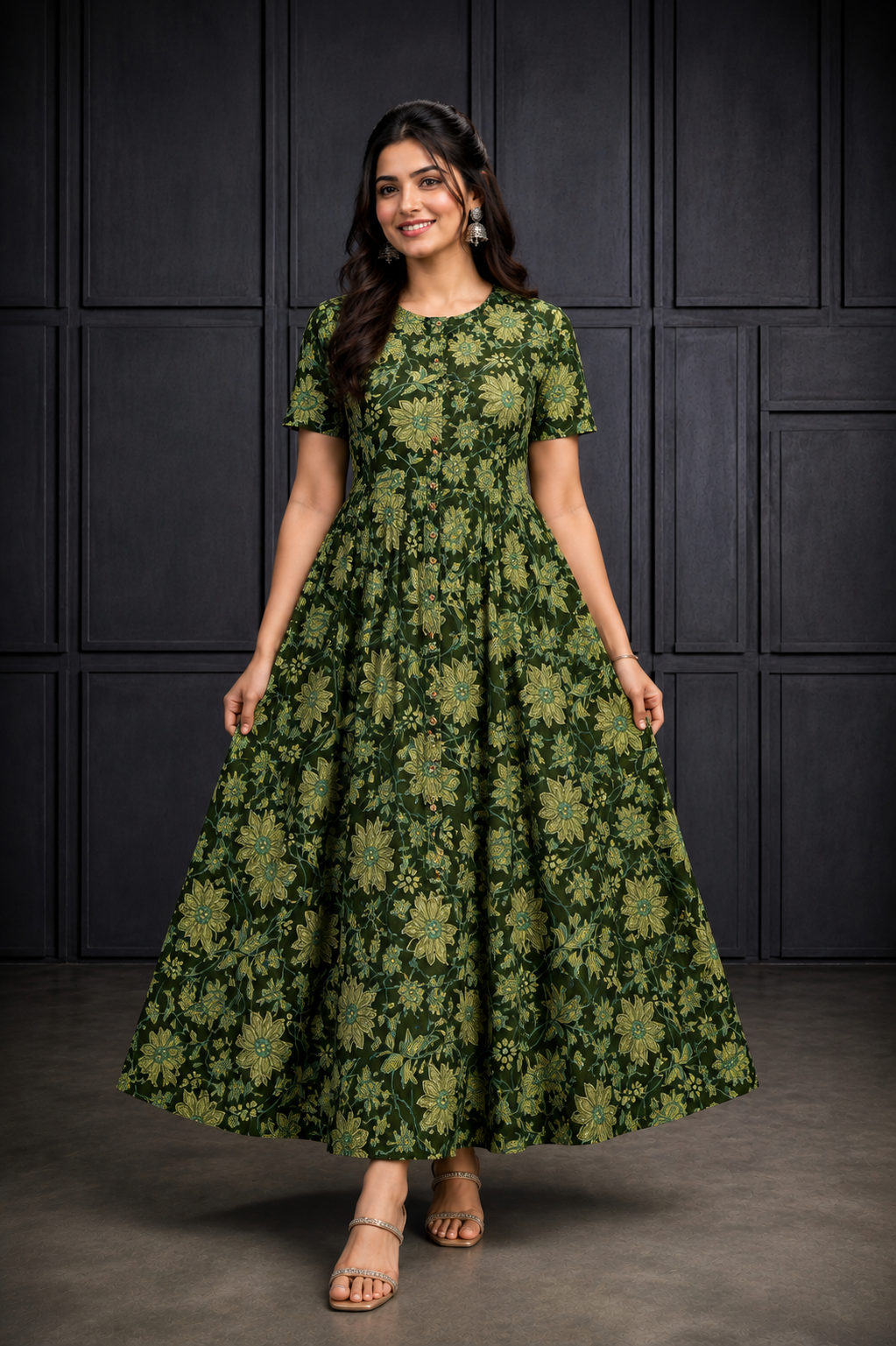 Dark Green Floral Printed Flared Maxi Dress