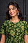 Dark Green Floral Printed Flared Maxi Dress