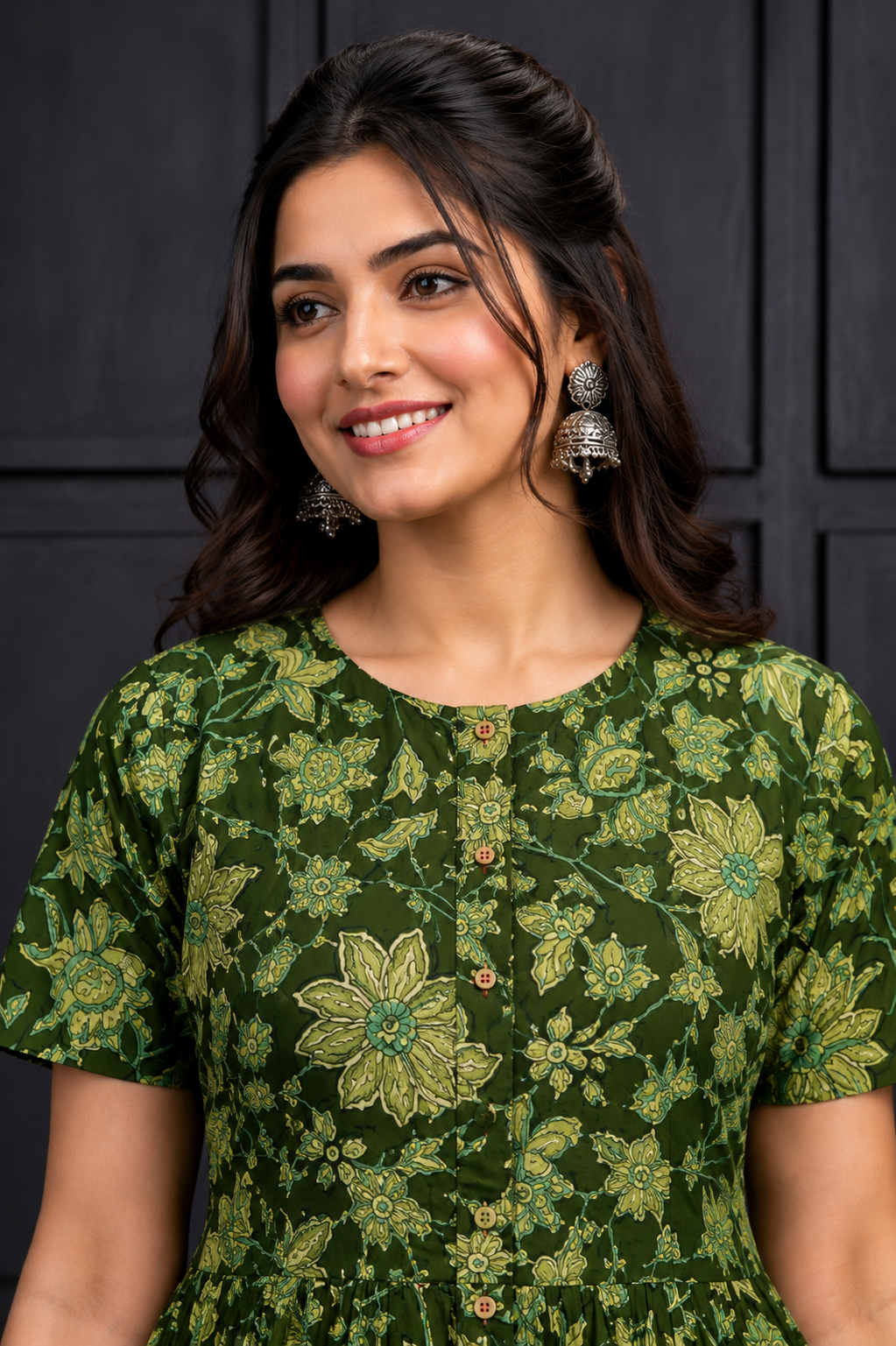 Dark Green Floral Printed Flared Maxi Dress