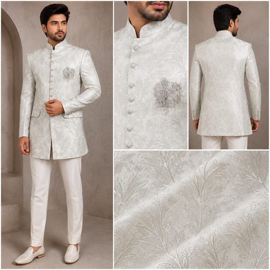 Ivory Floral Jacquard Jodhpuri Bandhgala Set